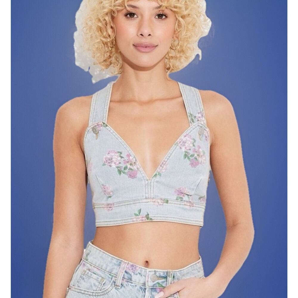 wild fable Light Blue Floral Denim Crop Top